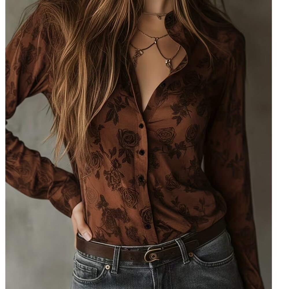 NEW Elegant Direction Vintage Rose Pattern Print blouse
